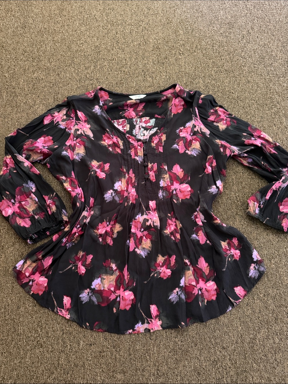 Terra & Sky Black Blouse with Pink Floral Print